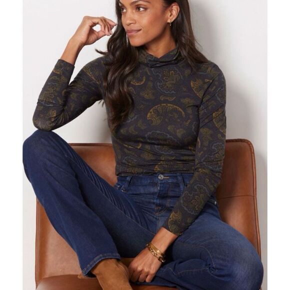 Evereve Size S Long Sleeve Paisley Turtle Neck Top Modal Blend Soft Fall Modest - Picture 1 of 5
